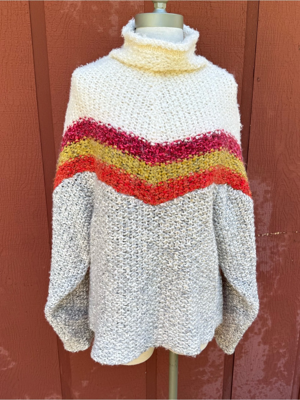 Free People Turn Around Tunic Chevron Striped Cowl Neck Boucle Sweater - Medium